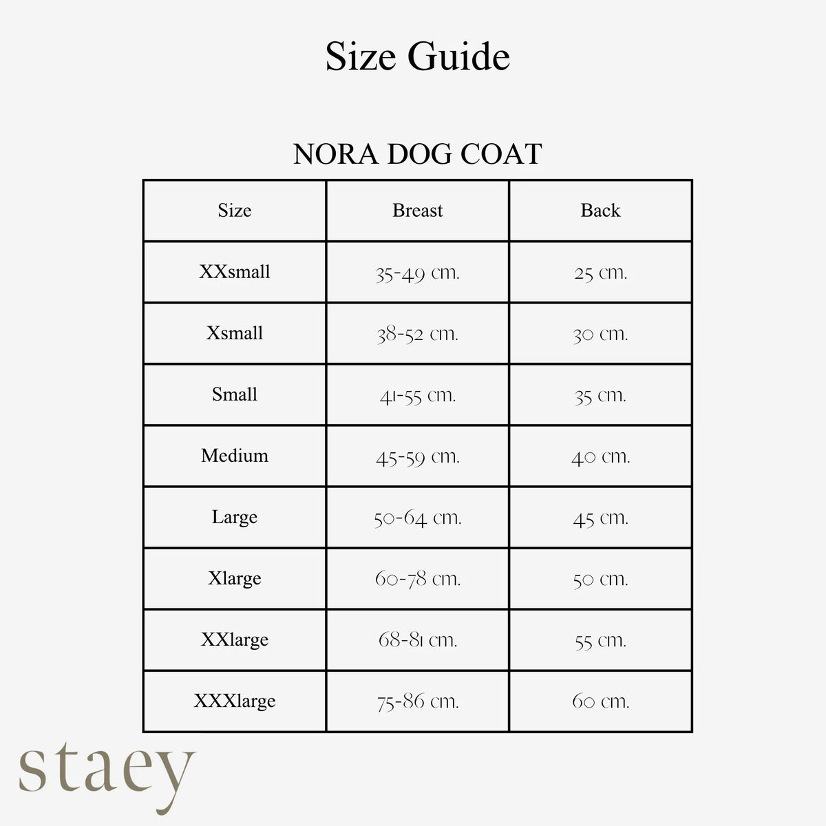 Nora-takin kokoopas koirille: rinnanympärys 35–86 cm ja selän pituus 25–60 cm kahdeksassa koossa