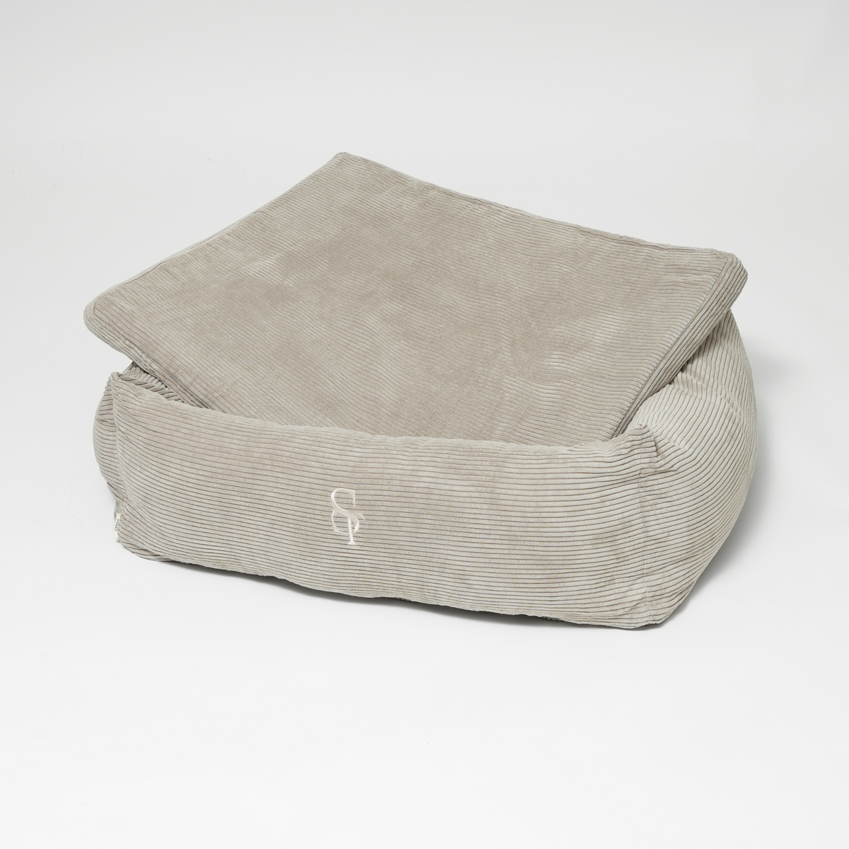Taupe Corduroy, suorakulmainen koiranpeti, jossa on tyyny pystyssä