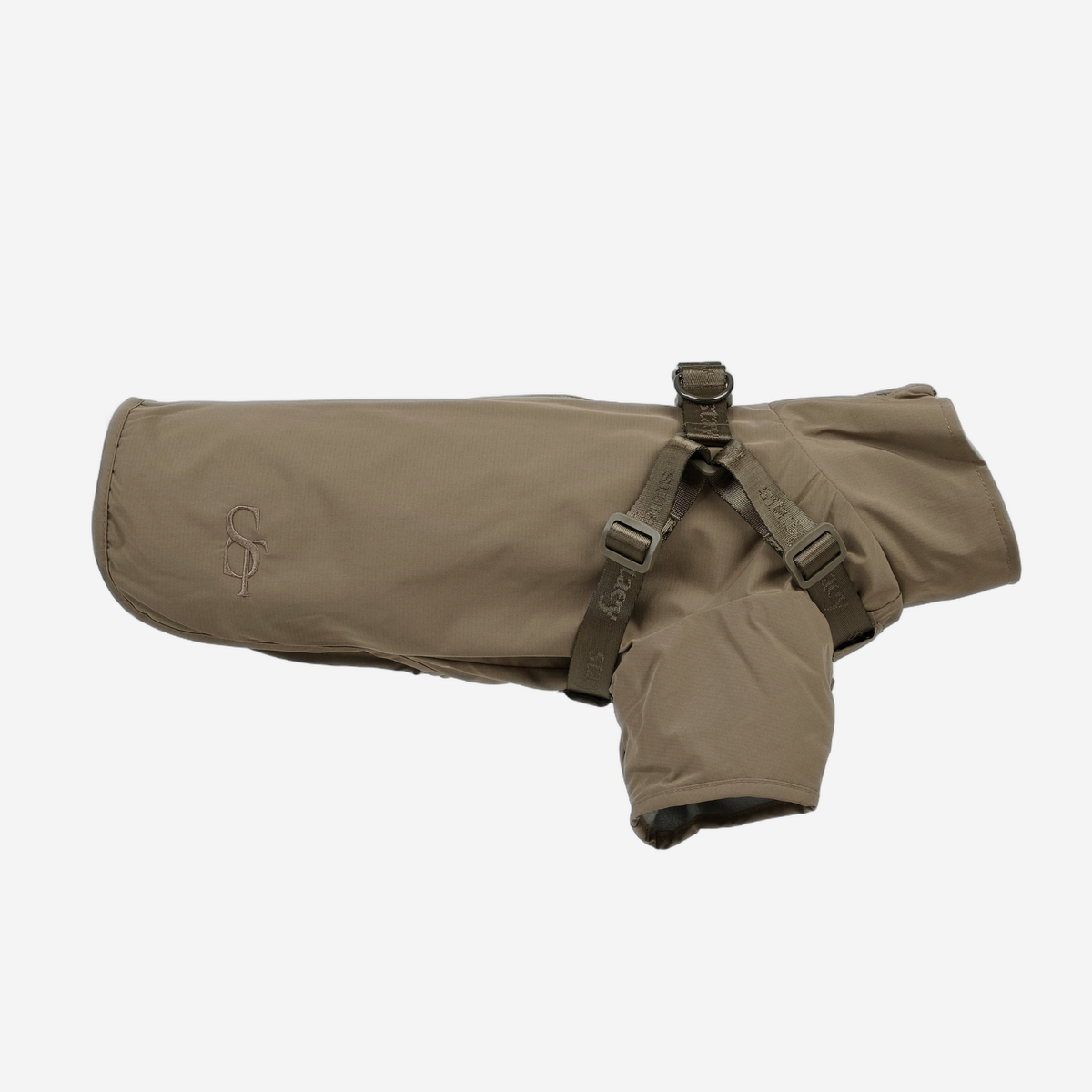 Leva dog rain coat in taupe with integrated harness, side view