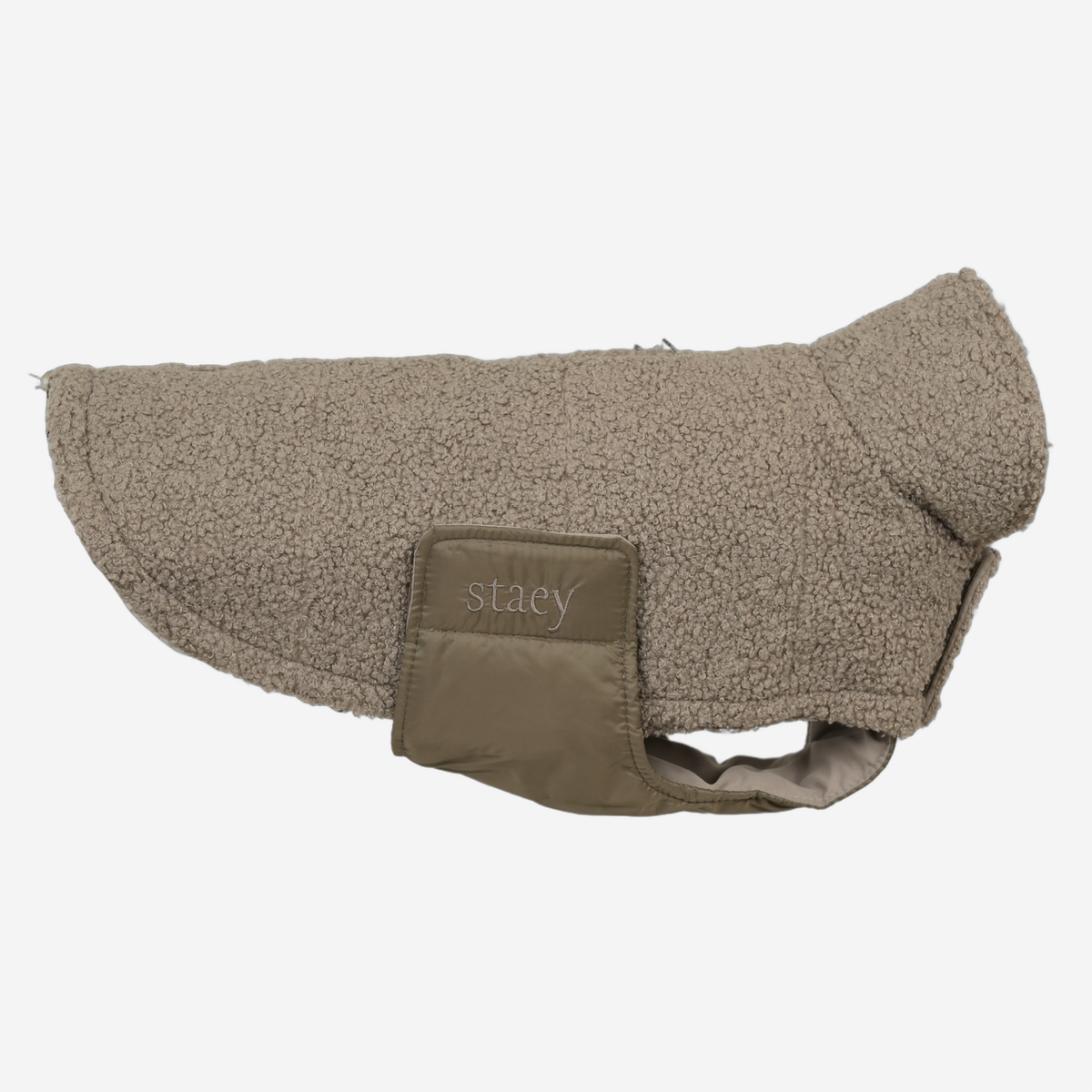 Teddy dog coat in taupe teddy fleece with a quilted chest patch